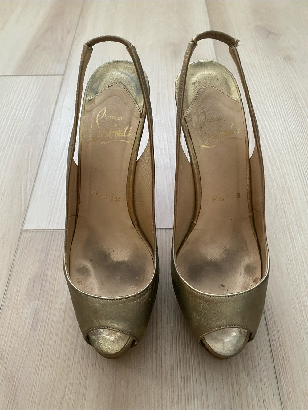 Christian Louboutin gold leather Stiletto with Wood-Textured Heel